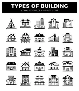 Building icons featuring diverse architectural styles on a white background. Ilustración de archivo