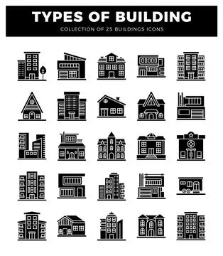 Building icons featuring diverse architectural styles and apartment blocks .. Ilustración de archivo