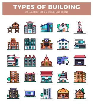Building icons. featuring diverse architectural styles and functions. prese.. Stock Illustration