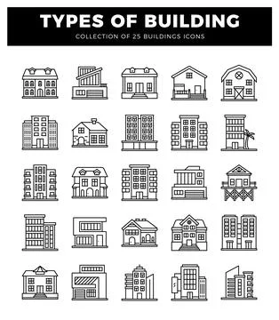 Building icons. featuring diverse architectural styles on a white background. Ilustración de archivo