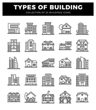Building icons featuring diverse architectural styles and elements.  Vector.. Illustrazione stock