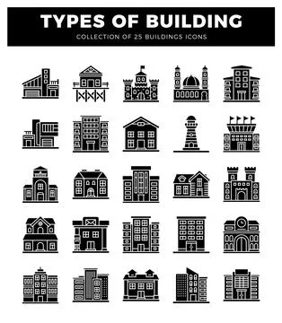 Building icons featuring diverse architectural styles on a white background. Ilustración de archivo
