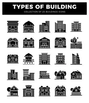 Building icons featuring diverse architectural styles. Ilustración de archivo