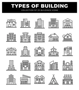 Building icons featuring diverse architectural styles on a white background. Ilustración de archivo