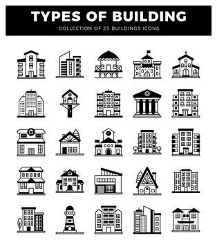 Building icons featuring diverse architectural styles on a white background. Ilustración de archivo