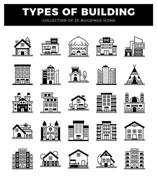 Building icons featuring diverse architectural styles and structures. Ilustración de archivo