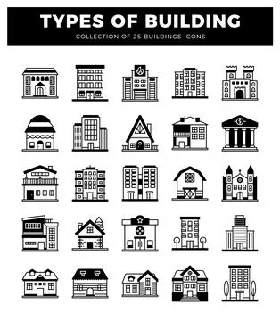 Building icons featuring diverse architectural styles on a white background Ilustración de archivo