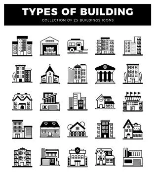 Building icons featuring diverse architecture in a grid layout. flat design. Stock Illustration