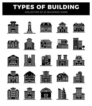Building icons featuring diverse architecture types on a white background. Ilustración de archivo