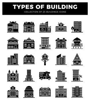 Building icons. featuring diverse architecture from houses to skyscrapers. .. Stock Illustration