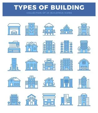 Building icons featuring diverse structures on a white background. Ilustración de archivo