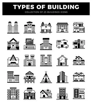 Building icons featuring modern and traditional architecture. Isolated blac.. Ilustração Stock