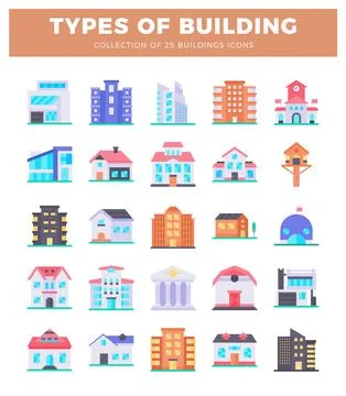 Building icons featuring modern and traditional architecture on a white bac.. Ilustración de archivo