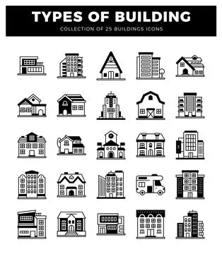 Building icons featuring modern and traditional architecture on a white bac.. Ilustração Stock