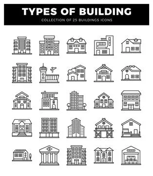 Building icons featuring modern and traditional architecture styles on a wh.. Ilustração Stock