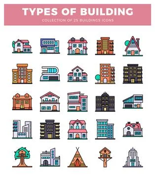 Building icons featuring various architectural styles on a white background Ilustración de archivo