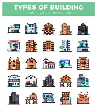 Building icons featuring various architectural styles and urban environments. Ilustración de archivo