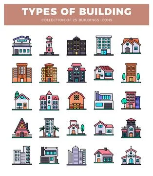 Building icons featuring various architectural styles on a white background. Ilustración de archivo