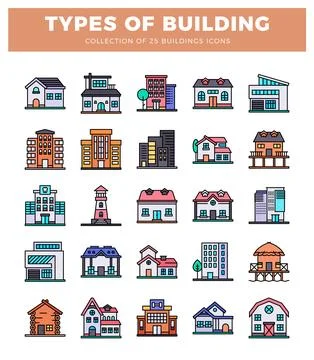 Building icons featuring various architectural styles on a white background. Ilustración de archivo
