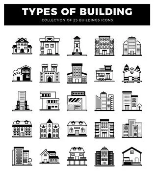 Building icons featuring various architectural styles on a white background Ilustración de archivo