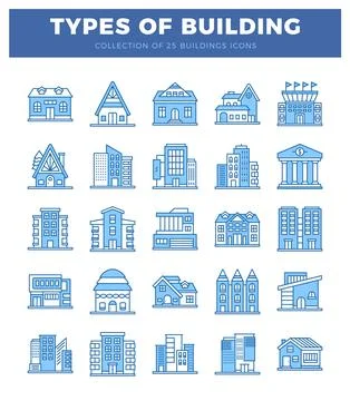 Building icons featuring various architectural styles in a clean. white bac.. Stock Illustration