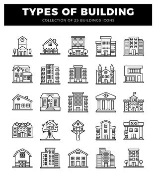 Building icons featuring various architectural styles on a white background. Ilustración de archivo