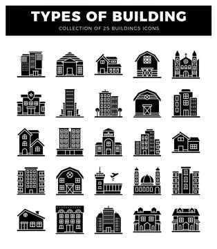 Building icons featuring various architectural styles in a grid format Stock Illustration