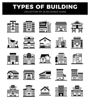 Building icons featuring various architectural styles on a white background Ilustración de archivo