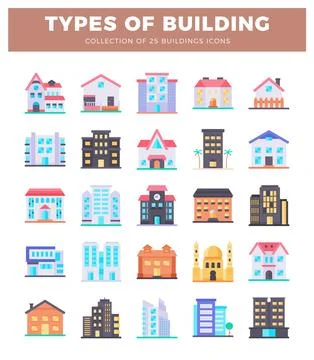 Building icons featuring various architectural styles set against a white b.. Ilustración de archivo