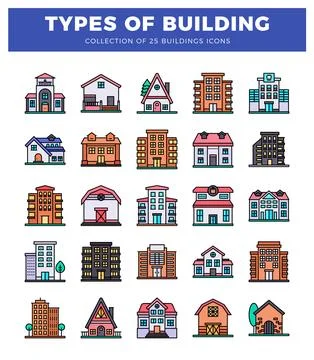 Building icons. featuring various architectural styles and colors against a.. Ilustración de archivo