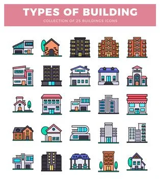 Building icons featuring various architectural styles. residential homes. a.. Stock Illustration