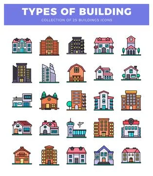 Building icons featuring various architectural styles. homes. and landmarks.. Ilustración de archivo