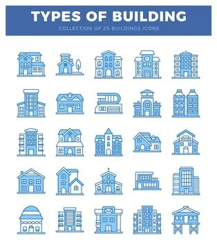 Building icons featuring various architectural styles and types. A graphic .. Stock Illustration