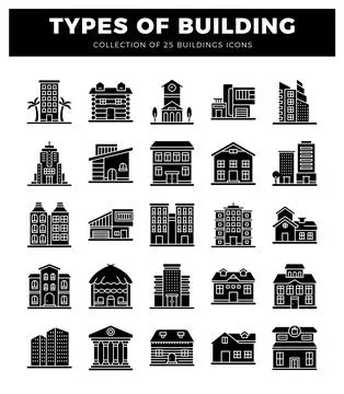 Building icons featuring various architectural styles on a white background. Ilustración de archivo