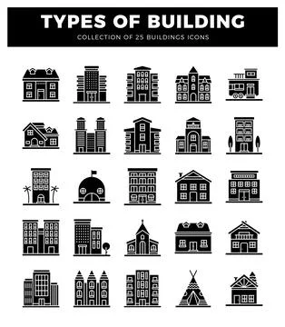 Building icons featuring various architectural styles on a white background. Ilustración de archivo