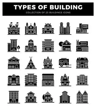 Building icons. featuring various architectural styles in a grid layout. Ilustración de archivo