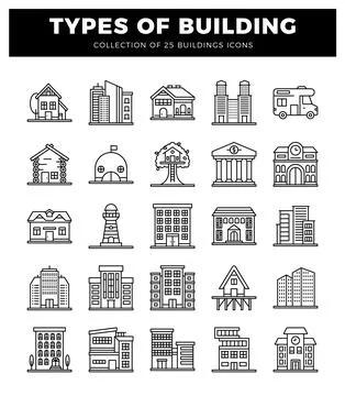 Building icons featuring various architectural styles and types. presented .. Stock Illustration