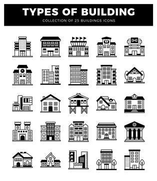 Building icons featuring various architectural styles on a white background.. Ilustración de archivo