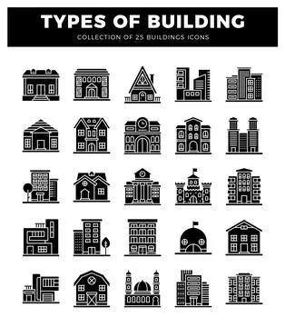 Building icons featuring various architectural styles and structures. Icons.. Stock Illustration