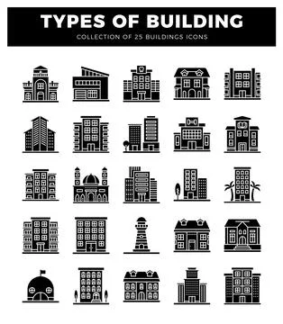 Building icons featuring various architectural styles on a white background. Ilustración de archivo