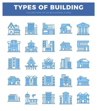 Building icons in flat blue line art style Ilustración de archivo