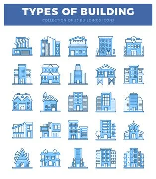 Building icons in a flat. blue outline style on a white background. Ilustración de archivo