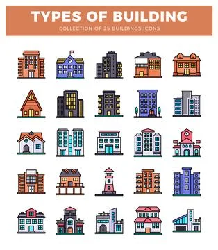 Building icons with flat design and colorful outlines on white background. Ilustración de archivo
