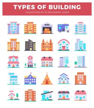 Building icons with flat design and white background. Ilustración de archivo