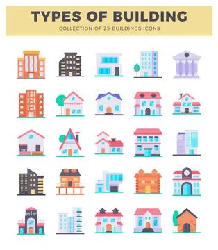 Building icons with flat design and clean lines in a white studio background. Stock Illustration