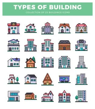 Building icons in flat design. Architectural elements and structures displa.. Stock Illustration