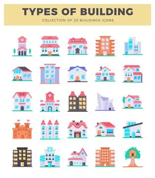 Building icons in a flat design. arranged in a grid with diverse architectu.. Ilustração Stock