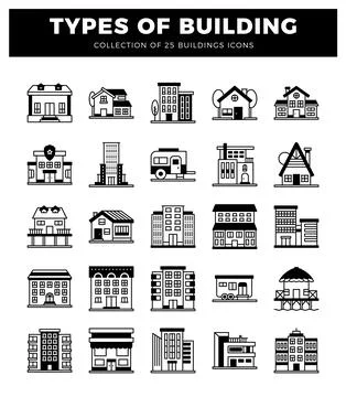 Building icons. flat design. diverse structures. black and white illustration Ilustración de archivo