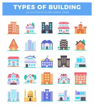 Building icons with flat design elements and varied architectural styles 스톡 일러스트