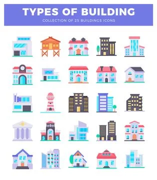 Building icons. flat design. graphic art. Cityscape elements. architecture .. Ilustración de archivo